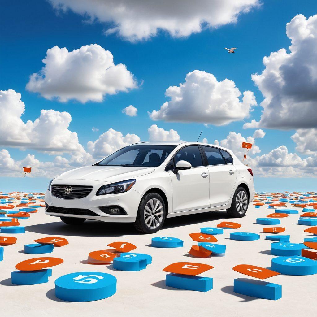 A sleek and modern car parked in a serene environment, surrounded by symbols of discounts like price tags and percentage signs floating gently around it. The scene conveys safety and affordability, with a diverse group of people examining the car, showing excitement and confidence. Include a bright blue sky with fluffy clouds to symbolize a positive outlook on savings. super-realistic. vibrant colors. white background.