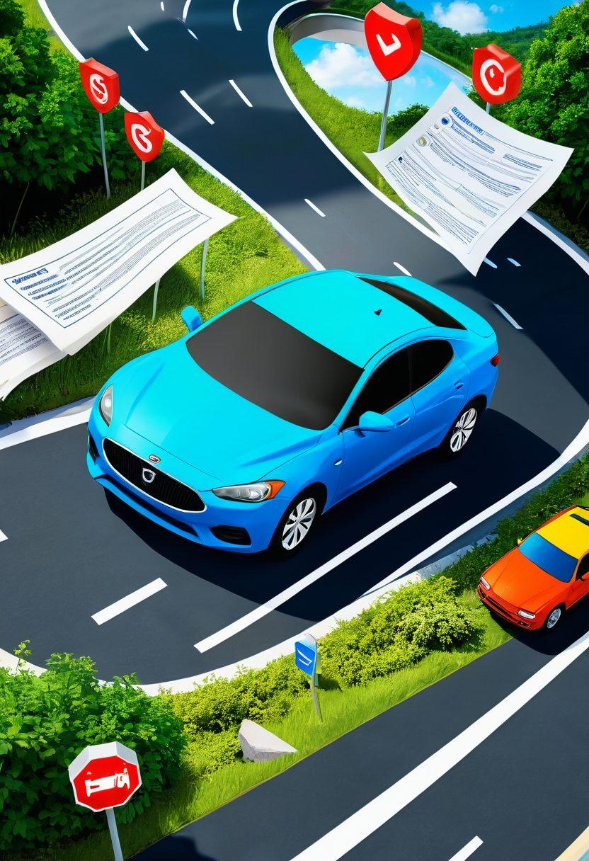 A sleek car on a winding road surrounded by dollar signs and insurance icons like shields and checkmarks. The background features a clear blue sky and lush greenery to evoke a sense of freedom and smart choices. Include a magnifying glass over a checklist representing the secrets to affordable car insurance. super-realistic. vibrant colors.